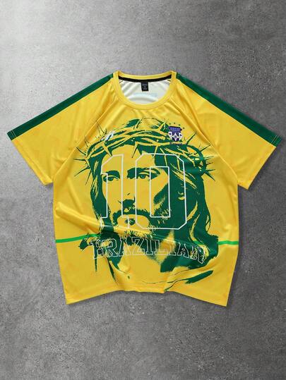 Prep T-shirt à manches courtes col rond décontracté pour hommes, imprimé football, été