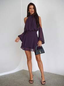 Aloruh Purple Red Long Sleeve Off-Shoulder Dress, Casual Commuter Elegant Dress With Small Stand Collar, Spring,Casual Dresses For Women,Vacation Outfits For Women,Elegant Dresses For Women,Birthday Party Dress,Wedding Guest Dress For Women,Valentine's Day Outfit,Spring Dress Women,Solid Color Dress,Mini Dress, Short Dress - Purple - View 4