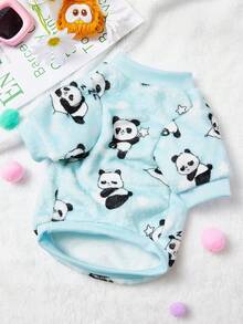 PETSIN 1件可爱熊猫法兰绒宠物服，加厚蓝色法兰绒保暖宠物服装 - 藍色 - 查看 3