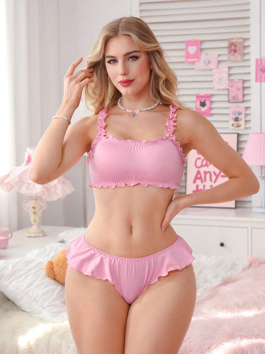 2pcs Women's Bra And Panty Set (Wireless, Triangle Panty) - Pink - View 1