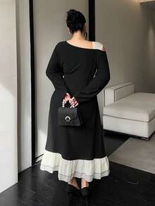 Dazy Plus Valentine Plus Size Elegant Bowknot Tie Shoulder Splice Ruffle Hem Bodycon Party Maxi Dress, Black, Spring/Autumn - Black - View 2