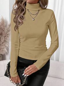 SHEIN Clasi Women's Casual Turtleneck Tight Fit Long Sleeve T-Shirt, Suitable For Autumn/Winter Spring Turtle Neck Women Fitted Tops Women - Khaki - View 4