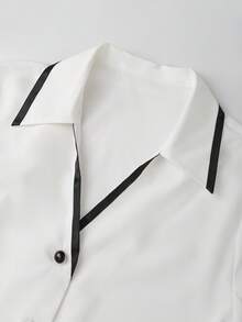 SHEIN Franclia Áo sơ mi nữ kiểu dáng thường ngày phối màu tương phản, phong cách tối giản, thích hợp cho hoạt động ngoài trời, đi làm, màu trắng thanh lịch, áo kiểu nữ bằng lụa, áo kiểu màu kem, áo kiểu nữ. - trắng - Xem 3