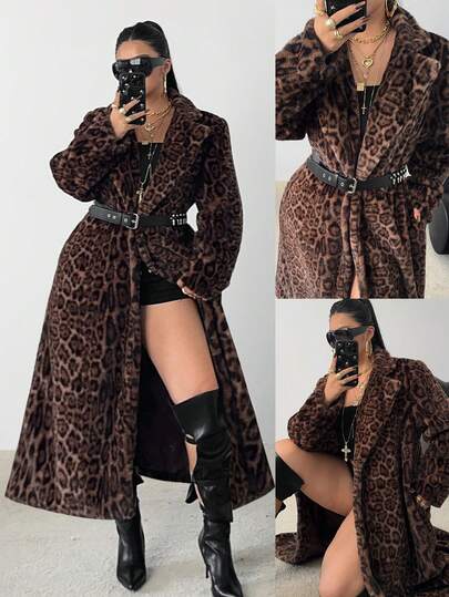POPSWAY Bluză lungă din blană artificială cu imprimeu leopard, cu mânecă lungă și buzunare, mărime plus, elegantă pentru toamnă/iarnă, vacanță și ținute de stradă