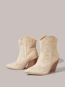 Styleloop Giày bốt nữ cao đến giữa bắp chân, chất liệu dệt, phong cách Boho Chic, hơi hướng miền Tây, phù hợp cho các lễ hội âm nhạc, kỳ nghỉ và du lịch. - Màu be - Xem 4