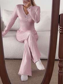 SHEIN CottageSlumber 女士 V 领纽扣装饰爱心印花针织长袖上衣和裤子睡衣套装，冬季服装 - 粉色 - 查看 6