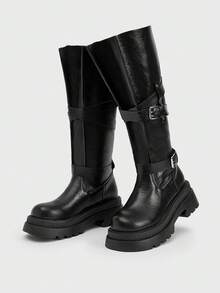 Sugerpunk 女士休闲简约过膝长靴，适合通勤，秋冬季穿着 - 黑色 - 查看 5