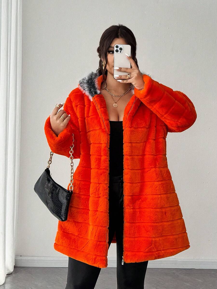 SHEIN LUNE 女式仿皮草大衣（带毛领）冬季外套 - 橘色 - 查看 1