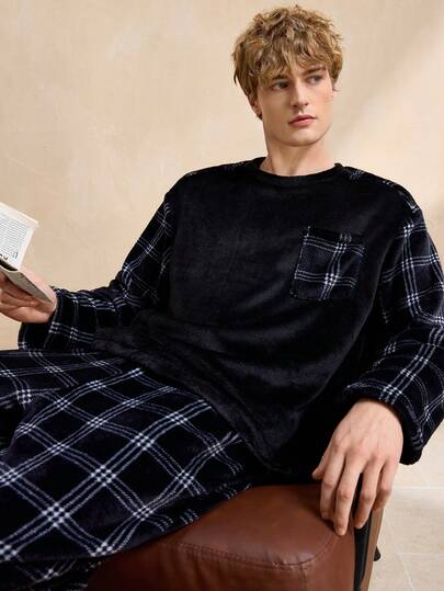 EverLounge 2pcs Vintage Coin Printed Comfortable Casual Loungewear Set, Fluffy Fabric, Plaid Pattern, Suitable For Men To Wear Indoors Or Outdoors, Autumn/Winter