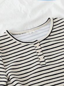 SHEIN Teen Girls T-Shirts Stripe Half Zip Casual Minimalist Knit Long Sleeve - Pink - View 3