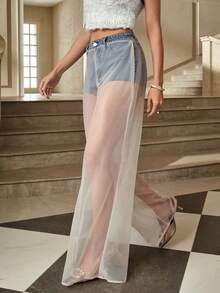 Selenza Women's Fashion Sexy Mesh Patchwork Wide Leg Jeans - Blue - View 3