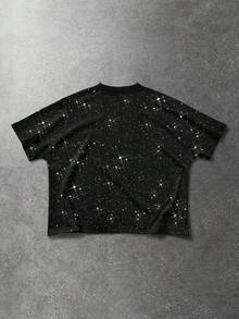 ROMWE MEN Street Life Men's Graphic Print Rhinestone Decor Round Neck Short Sleeve T-Shirt - Black - View 2