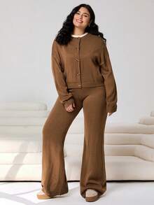 SHEIN EZwear Plus Size Brown Cardigan And Loose Pants 2 Pieces Set/Winter - Brown - View 3