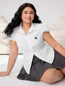 Solflare Plus Size Women Summer Casual Everyday Office Commute Simple Versatile Knight Embroidery Puff Sleeve Fitted Blouse - White - View 6