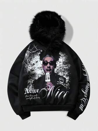 Felpa con cappuccio da uomo in ecopelliccia con stampa di lettere e ritratti