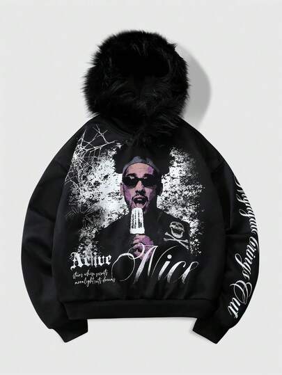 sweat-shirt à capuche homme en fausse fourrure avec imprimé lettres et portrait
