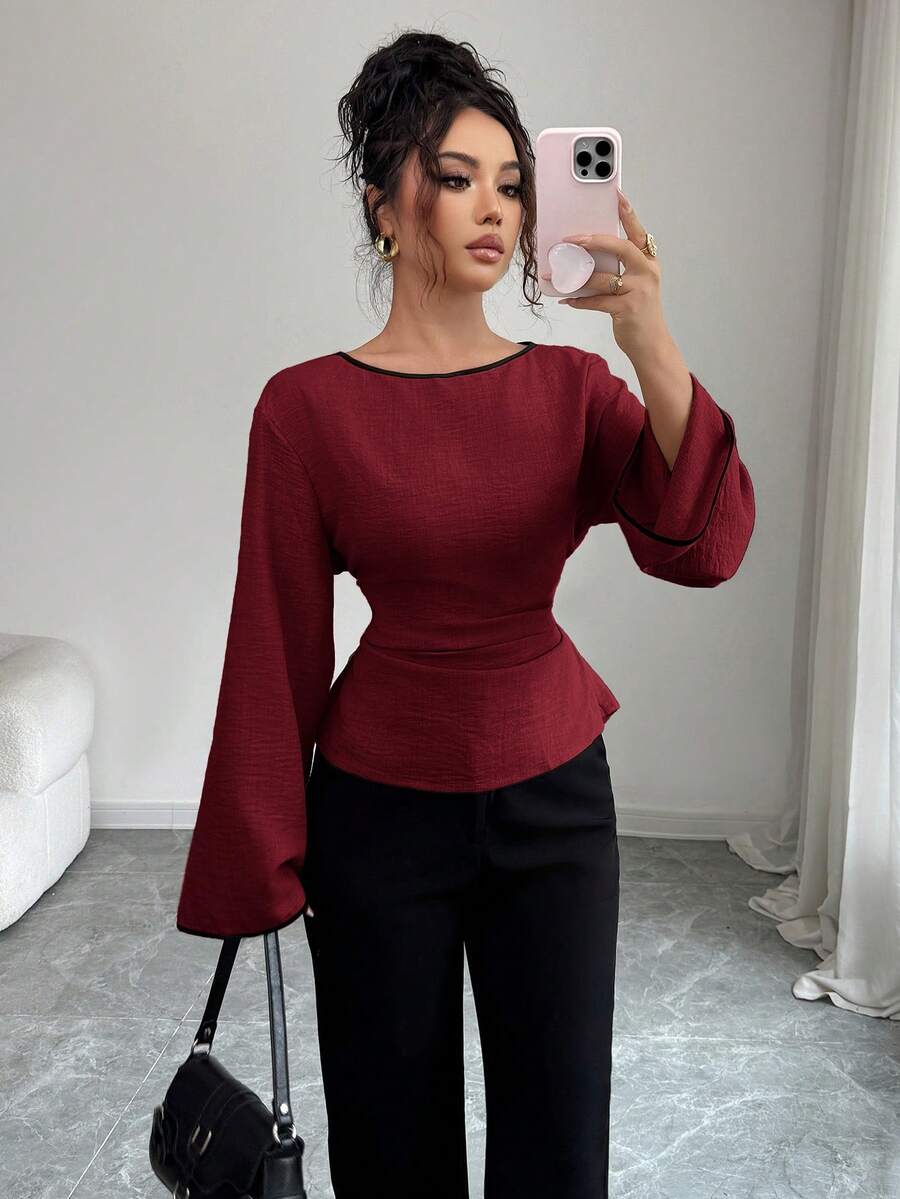 Siren Gaze Áo sơ mi dài tay buộc eo thanh lịch dành cho nữ, thích hợp mặc đi làm vào mùa thu - Đỏ - Xem 1