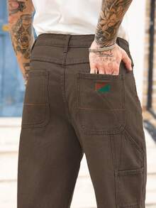Manfinity Homme Jeans casuales y versátiles para hombres con bolsillos y botones, jeans de trabajo para hombres - Óxido marrón - Ver 3