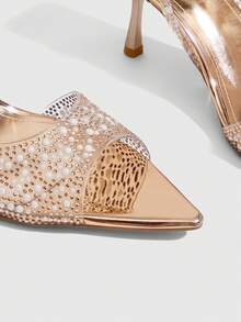 CUCCOO SZL Women's Pointed Toe Faux Pearl Rhinestone Design Elegant High Heel Sandals - Rose Gold - View 5