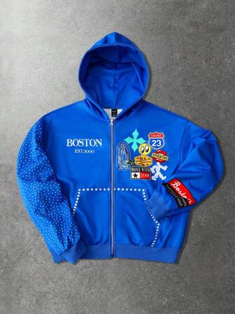 Felpa con cappuccio e chiusura lampo da uomo con stampa di lettere e cartoni animati