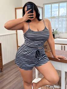 SHEIN 女士大码休闲条纹吊带背心短裤睡衣套装，两件套夏季休闲两件套，女士短裤套装，条纹短裤套装，两件套短裤套装 - 彩色 - 查看 3
