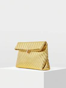 MOTF PREMIUM 女士时尚优雅压纹编织面料手拿包信封包，配精致五金锁扣，适合日常通勤购物、新年等场合。 - 亮金色 - 查看 2