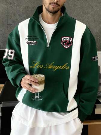 Manfinity Hypemode Sudadera holgada casual de hombre con media cremallera, estampado de letras de Los Ángeles y contraste de color en estilo retro americano