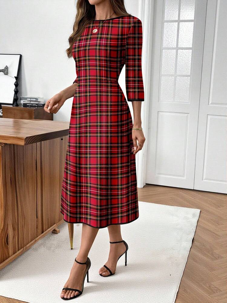 Women's Casual Plaid Pattern Mid-Length Dress, Suitable For Autumn/Winter Plaid Dress Women,Christmas