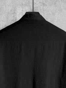 Manfinity Homme 男士黑色夏季休閒兩件套，單排扣短袖襯衫與抽繩長款亞麻長褲，老錢風度假約會日常穿著正裝 - 黑色 - 查看 6