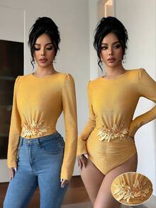 Elenzga Women's Fashionable Crew Neck Tie-Front Long Sleeve Bodysuit - Orange - View 1