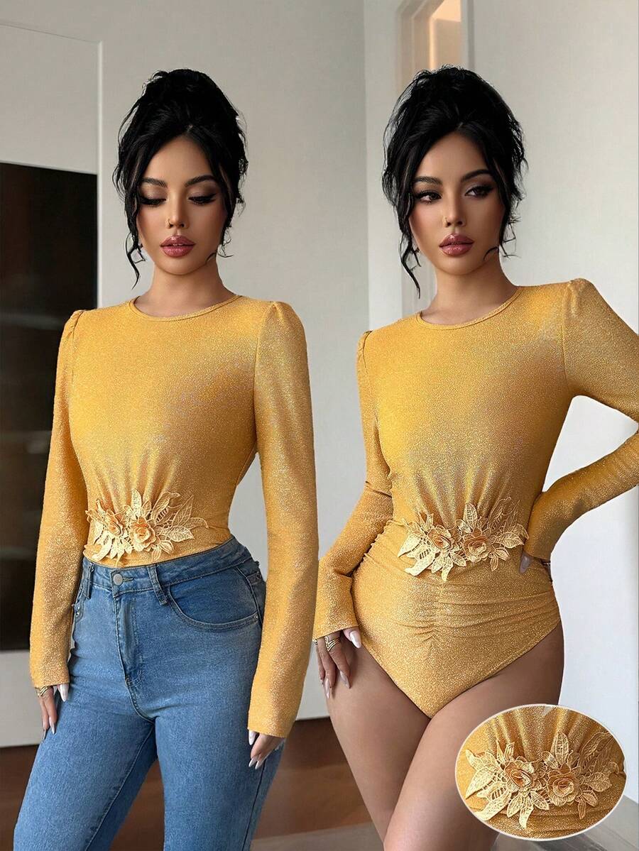 Elenzga Women's Fashionable Crew Neck Tie-Front Long Sleeve Bodysuit - Orange - View 1