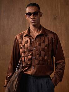 AKNOTIC Men's Deep Orange Versatile Comfortable Loose Fit Casual Shirt, Choice Cowboy 70s Flannel Shirt Brown Rodeo Shirt - Brown - View 3