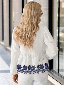 Solivie 女士刺绣系带灯笼袖时尚衬衫 - 白色 - 查看 2