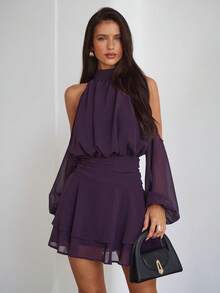 Aloruh Purple Red Long Sleeve Off-Shoulder Dress, Casual Commuter Elegant Dress With Small Stand Collar, Spring,Casual Dresses For Women,Vacation Outfits For Women,Elegant Dresses For Women,Birthday Party Dress,Wedding Guest Dress For Women,Valentine's Day Outfit,Spring Dress Women,Solid Color Dress,Mini Dress, Short Dress - Purple - View 5