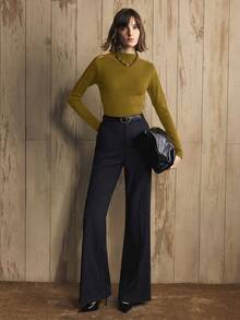 Revavyn Áo len cổ lọ ôm vừa vặn dành cho nữ, thiết kế hở vai lưới và đính hạt ngọc trai, thích hợp cho việc đi lại hàng ngày - Màu Mù tạt vàng - Xem 2