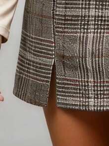 EMERY ROSE Women's Gray Khaki Brown Striped Plaid Thick Fabric A-Line Wrap Mini Skirt, Western Country Casual Bohemian Elegant Thanksgiving Halloween Street Style, Autumn/Winter New Fashion Niche Design Versatile A-Line Mini Skirt - Brown - View 3