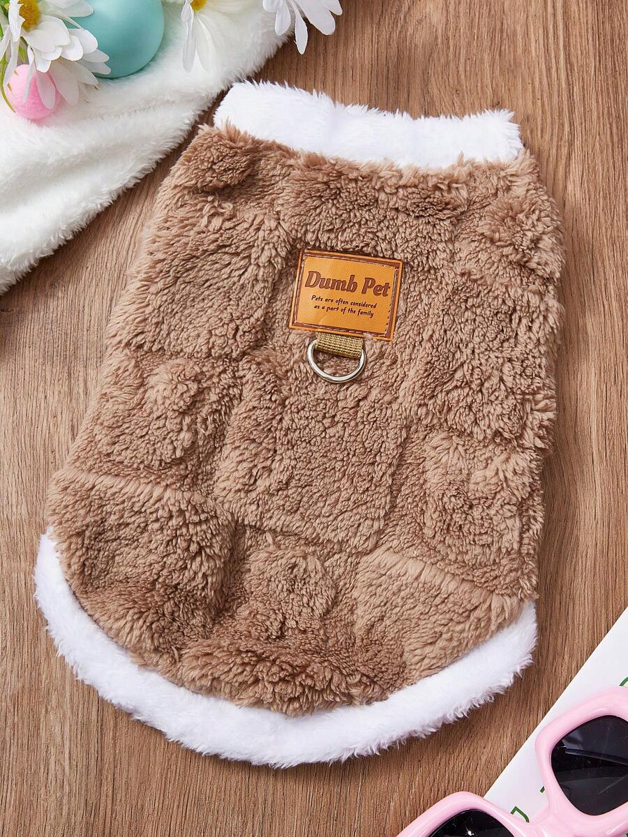 PETSIN 1件棕色格纹兔子毛绒宠物背心带牵引扣秋冬季双面毛绒加厚保暖衣服适合幼宠 - 棕色 - 查看 1