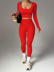 Slayform Women's Solid Color Minimalist Seamless Elastic Sports Set - Red - View 4