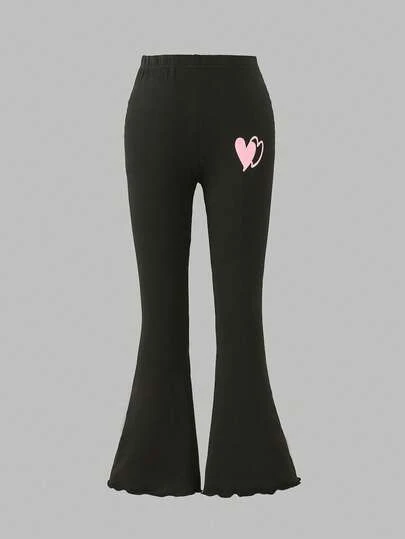 Tween Girls Leggings-Black Flared Leggings Heart Print Elastic Waist Slim Fit Ruffle Hem Stretch Comfort Four Season Casual Party School Holiday 2026 Must Have Cute Chic Everyday Active Wear Gift Ready Popular Playdate Weekend Travel