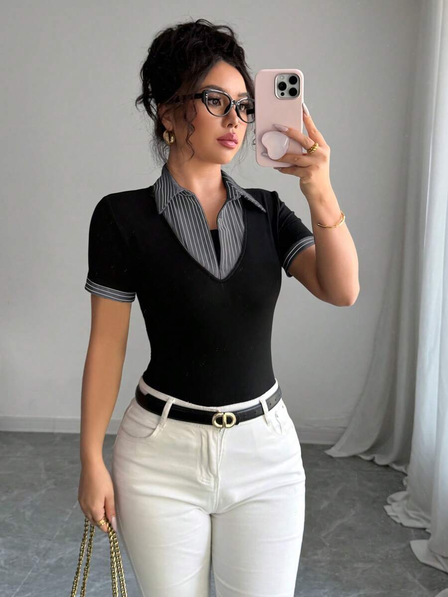 Elenzga Áo thun công sở 2 trong 1 phong cách cổ điển trang nhã dành cho nữ, phù hợp mặc nơi công sở, mùa tựu trường