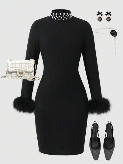 Tween Girl' Black Versatile Casual Dress: Long-Sleeve Furry Cuff Design With Pearl Detail, Perfect For Daily Wear, School, Playdates, Or Holiday Gatherings. Comfortable Winter Outfit For Tween & Teen Girls