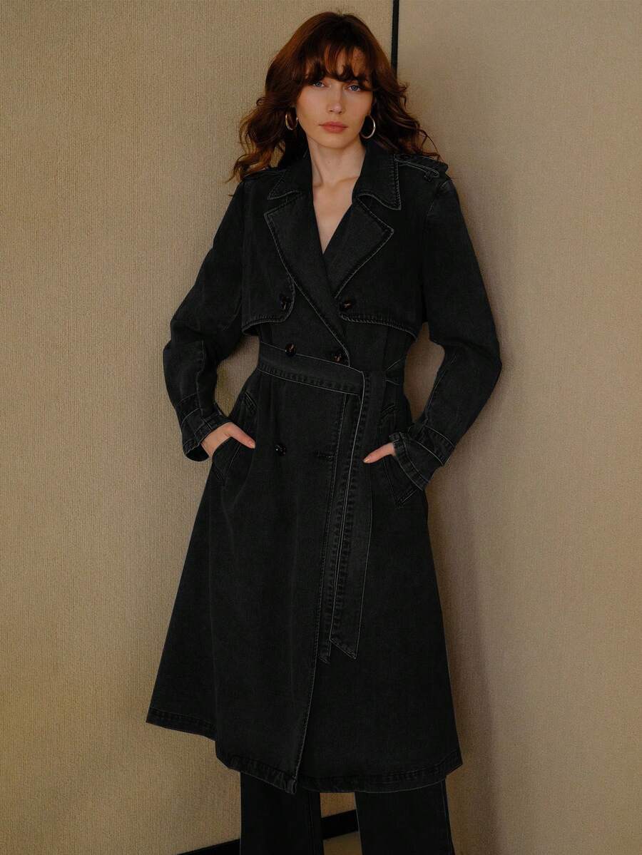 MOTF PREMIUM CASUAL EVERYDAY ELEGANT LOOSE TIE-WAIST DENIM COAT - Black - View 1