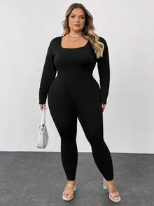 SHEIN CURVE+ Plus Size Women's Square Neck Bodysuit, Basic Casual Jumpsuit