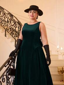 SHEIN MOD Váy midi chữ A thắt nơ hở lưng màu đỏ cổ điển cỡ lớn, váy cưới, váy hẹn hò, váy ngày lễ tình nhân - Màu xanh lá cây đậm - Xem 10