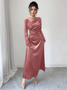 Modelyn Váy đầm phong cách Ả Rập dáng ôm eo nhún bèo thanh lịch dành cho nữ, phù hợp cho mùa xuân và mùa thu - Hồng - Xem 4