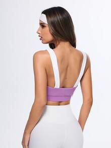 Eassivo Eassivo 女士撞色运动文胸瑜伽上衣 - 紫色 - 查看 2