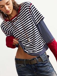 Bohemela Boho Christmas Party New Year Casual Striped Patchwork Round Neck Long Sleeve Loose Women T-Shirt, Winter - Multicolor - View 2