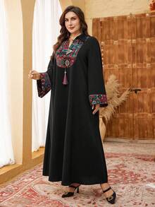 Al Najma Plus Size Women's Retro Jacquard Colorful Tassel Patchwork Loose Long Sleeve Elegant Arabic Dress - Black - View 3