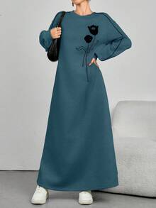 Mulvari Váy chui đầu dài tay họa tiết hoa rộng rãi hở vai cho nữ - Màu xanh lam - Xem 6