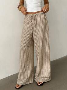 Aloruh Women's Casual Elastic Waist Tie Striped Linen Texture Loose Straight Wide Leg Pants - Multicolor - View 7